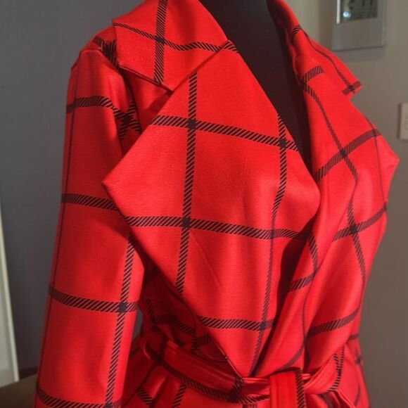 Women’s Red Turn Down Collar Wrap Trench Coat Grid Pattern Belted XL (**tagXXL) - Picture 3 of 13